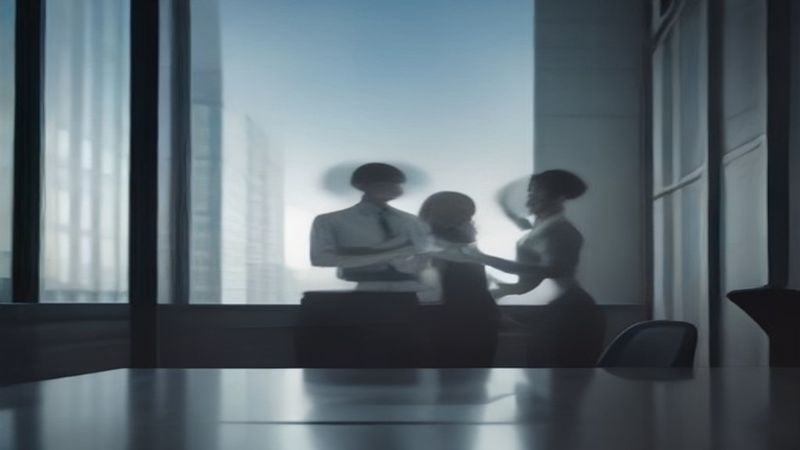 两位男士在黄昏的天台上并肩交谈，背影温暖而放松